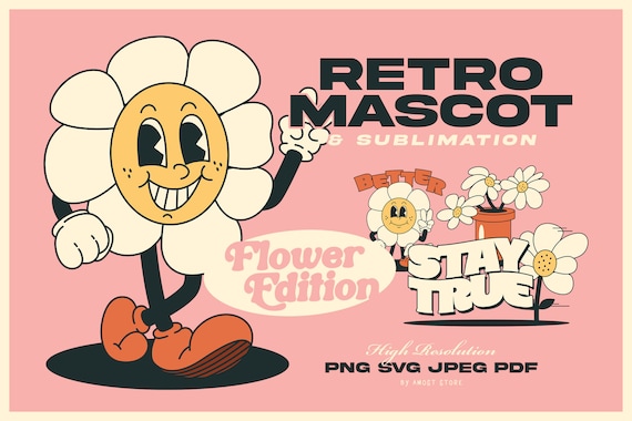 Retro SVG Bundle Cartoon Characters, Retro Mascot PNG Clipart Digital Download, 70's Groovy Clipart, Flower, Flowers, Plants, Smiley Face