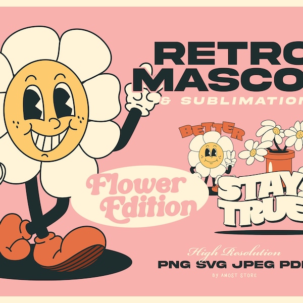 Retro SVG Bundle Cartoon Characters, Retro Mascot PNG Clipart Digital Download, 70's Groovy Clipart, Flower, Flowers, Plants, Smiley Face