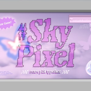 Op de afbeelding: Een retro computermonitor toont digitale kunst. Het kunstwerk bevat de tekst "#Sky Pixel" in een pixellettertype, met een vlinder en een smiley. De woorden "New Game!" en "retro2k typeface" zijn ook zichtbaar.