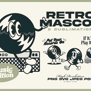 Retro SVG Bundle Cartoon Characters, Retro Mascot PNG Clipart Digital Download, 70's Groovy Clipart, Music Vynil Mascot, Dance, Wall Print
