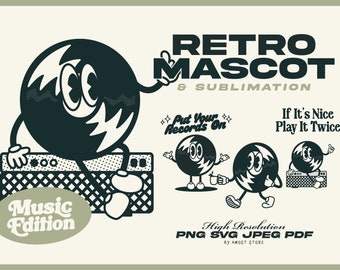 Retro SVG bundel stripfiguren, retro mascotte PNG clipart digitale download, 70's groovy clipart, muziek vinyl mascotte, dans, muur print
