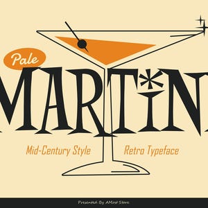 Tipografía Martini, mediados de siglo, retro, vintage, clásica, nostálgica, Procreate, Cricut, Canva, uso comercial, años 90, 80, 70 y 60