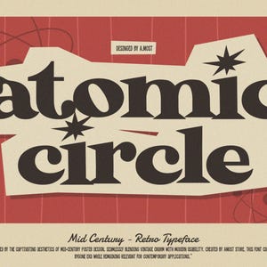 Tipografía Atomic Circle, mediados de siglo, retro, vintage, clásica, nostálgica, Procreate, Cricut, Canva, uso comercial, fuente de los años 90, 80, 70 y 60