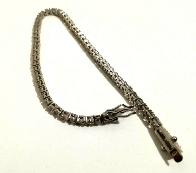 Vtg 925 Silver Sterling Rhodium 60 2mm Diamond Cut Zircon Classic Tennis Unisex Bracelet 7.5