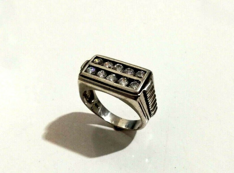 925 Sterling Silver Rectangular Shape Zircon Gem Strips Designs Unisex Ring Sz 8