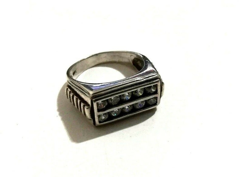 925 Sterling Silver Rectangular Shape Zircon Gem Strips Designs Unisex Ring Sz 8