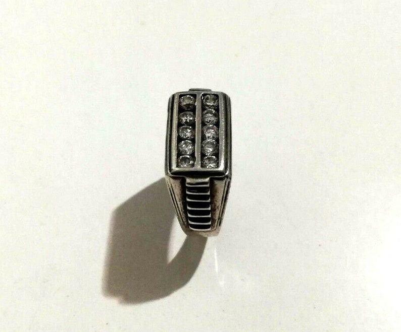 925 Sterling Silver Rectangular Shape Zircon Gem Strips Designs Unisex Ring Sz 8