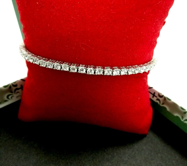Vtg 925 Silver Sterling Rhodium 60 2mm Diamond Cut Zircon Classic Tennis Unisex Bracelet 7.5