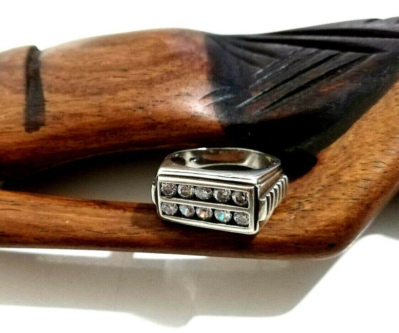 925 Sterling Silver Rectangular Shape Zircon Gem Strips Designs Unisex Ring Sz 8