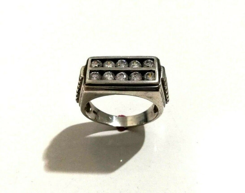925 Sterling Silver Rectangular Shape Zircon Gem Strips Designs Unisex Ring Sz 8