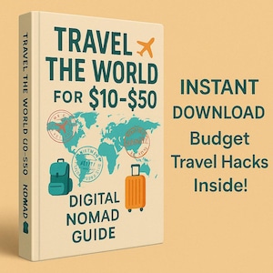 Op de afbeelding: Een digitale nomaden-gids met een wereldkaart, een rugzak en een koffer. De gids heeft de titel "Reis de wereld rond voor $ 10- $ 50" en heeft de tekst "Direct downloaden Budget-reistips binnenin!" aan de rechterkant.