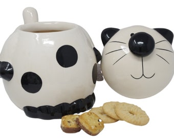 Ceramic Cute Cat Cookie / Biscuit Jar -  Cream & Black