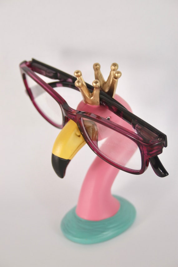 Pink Flamingo Eye Glasses Holder / Stand With Gold Crown 