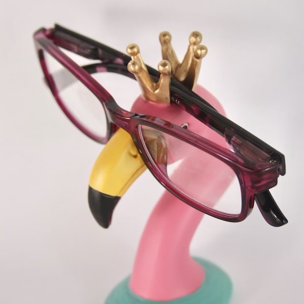 Pink Flamingo Eye Glasses Holder / Stand with Gold Crown