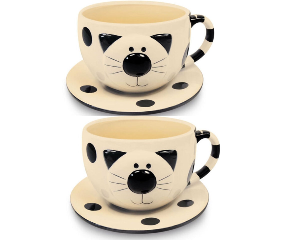 Cat Tea Cup and Saucer Set Of 2 Novelty Cat Shaped Cermaic Etsy