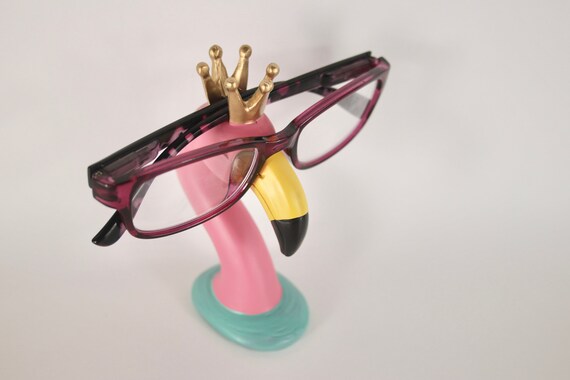 Twin Set Pink Flamingo Eye Glasses Holders / Stands With Straw Hat & Gold  Crown 