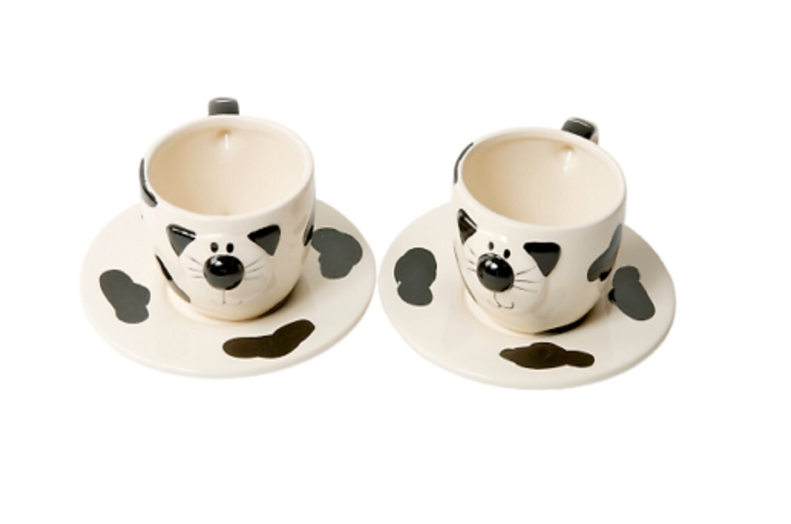 Ceramic Cat Tea Cup and Saucer Set X 2 Black & Cream Etsy