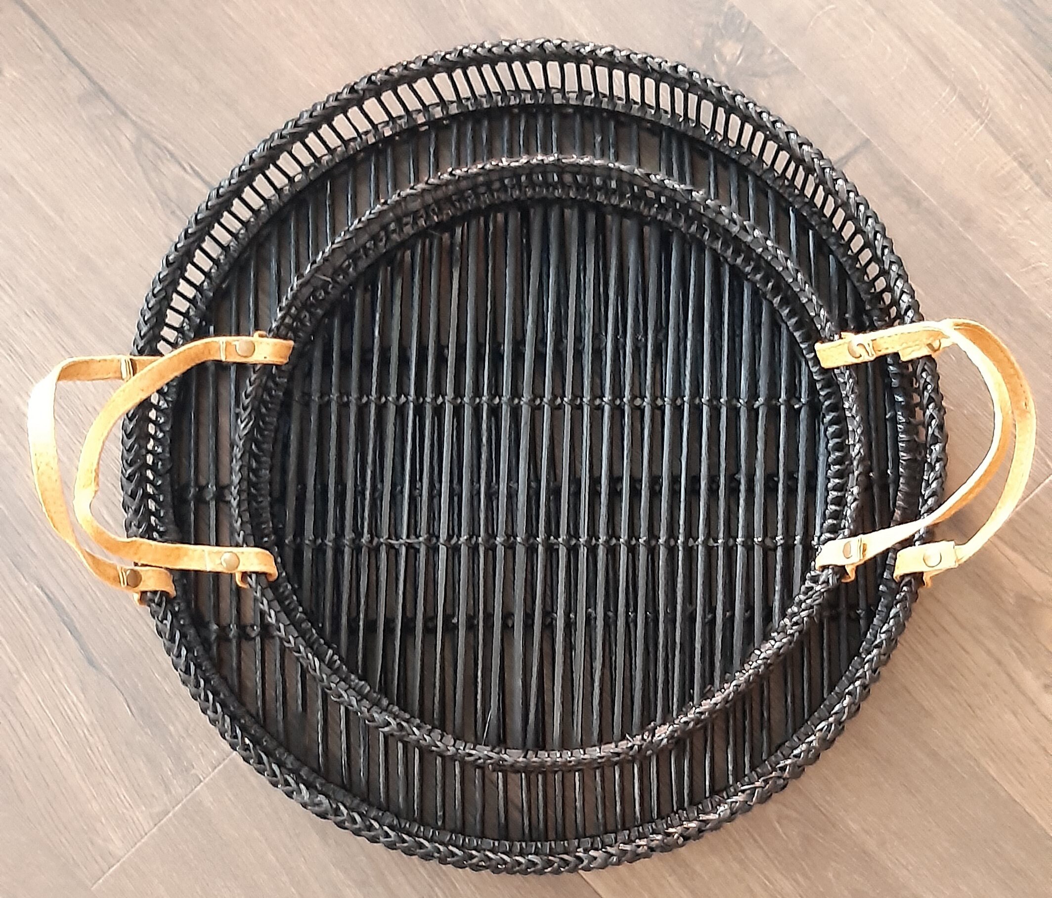 Round bamboo serving tray Set of 2 with leather handles Etsy