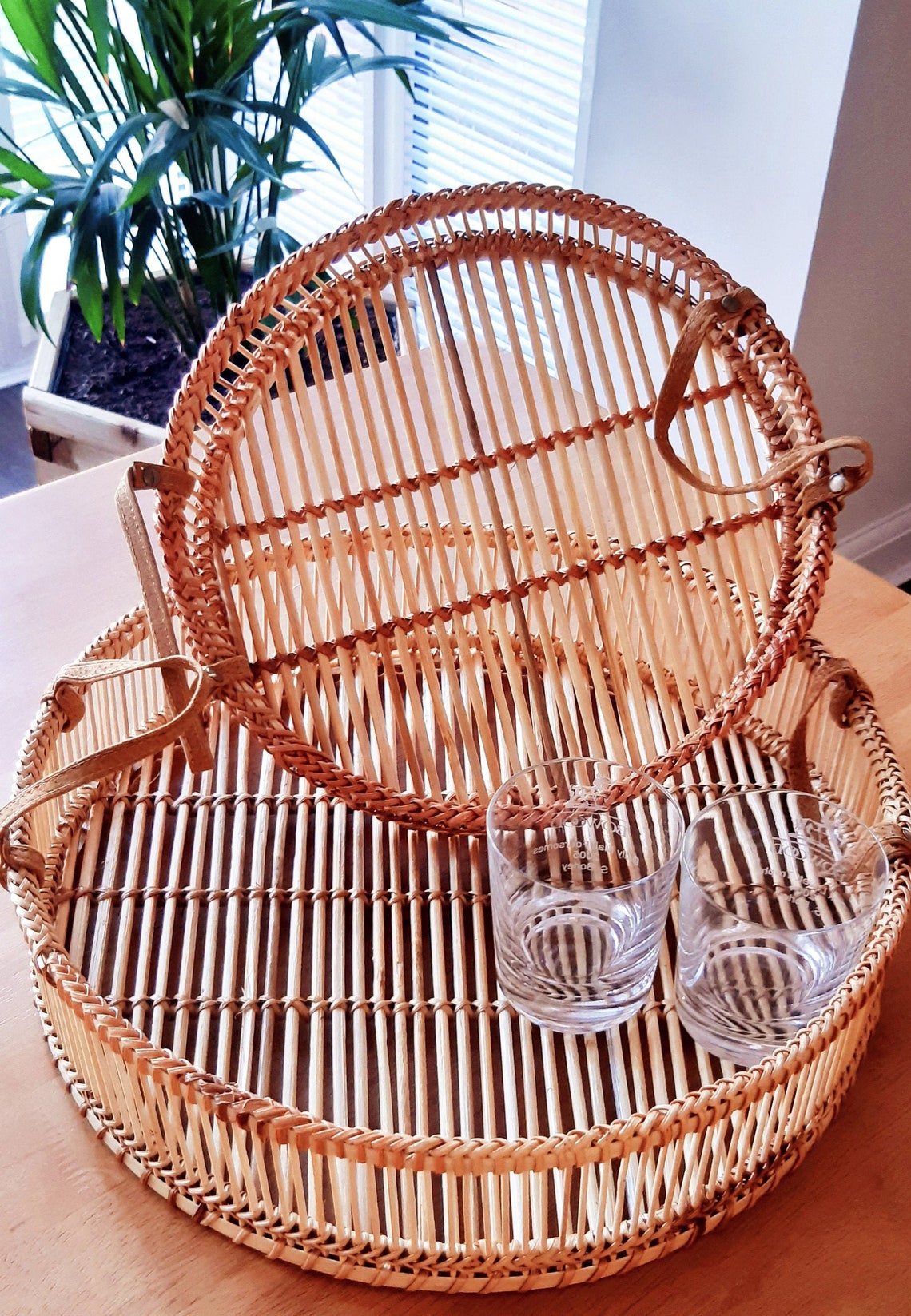 Round bamboo serving tray Set of 2 with leather handles Etsy