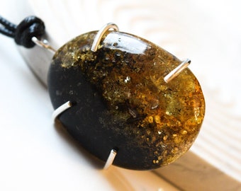 Natural Green Baltic Amber 925 Silver Pendant, Adjustable Cord
