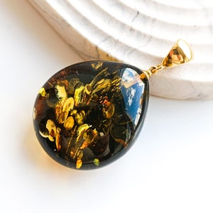 Stunning Baltic Amber Pendant with Plant Fossils, Amber with Gold Plated 925 Silver Bail, Genuine Green Amber, Elegant Amber for Healing