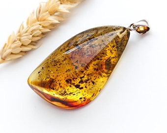 Large Baltic Amber Pendant, Sterling Silver, Genuine Amber, Unique Design