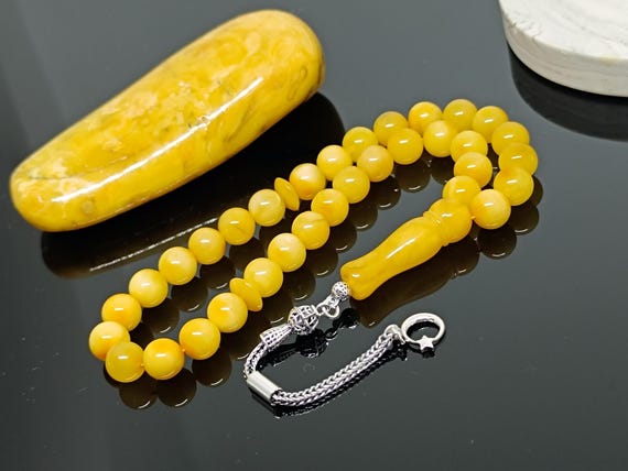 Natural Baltic Amber Rosary, 33 Beads, Sterling Silver Tassel, Islamic Prayer Beads