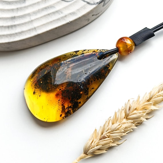 Large Natural Amber Pendant with Adjustable Leather, Amber for Collectors, Gemstone Pendant, Gift Her, Genuine Amber for Healing