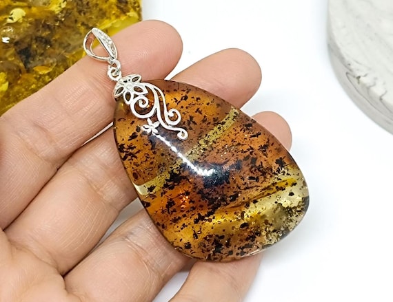 Green Amber Silver Pendant,Genuine Baltic Amber Pendant,925 Silver Pendant,Birthstone Pendant,Baltic Amber Pendant,Gift for Her