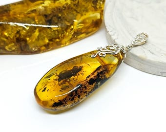 Large Green Amber Pendant with 925 Silver, Unique Birthstone Pendant, Genuine Amber Pendant, Gift for Her, Gemstone Pendant