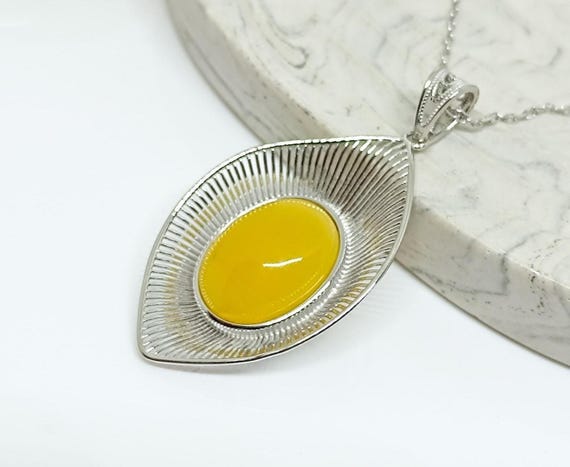 Premium Amber Pendant and 925 Sterling Silver (Chain Included),Handmade 925 Silver Pendant,Butterscotch Genuine Amber Pendant