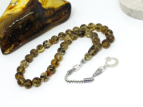 Genuine Baltic Amber Rosary with Plant Fossils, 925 Silver Tassel, Islamic Tesbih