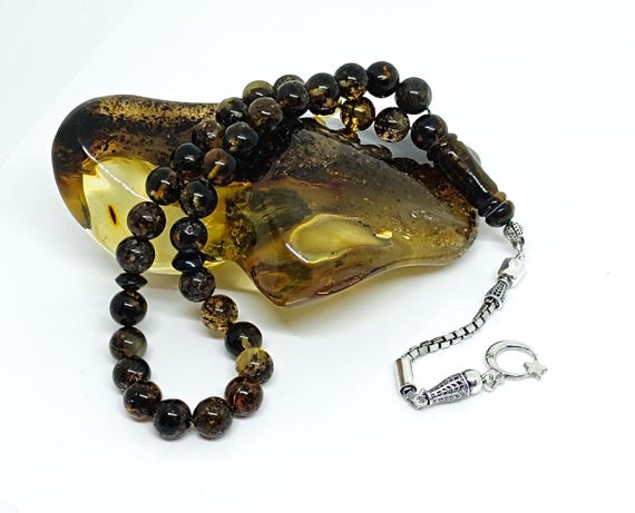 Real Baltic Amber Rosary with Plant Fossils & 925 Silver Tassel, Amber with Plant Fossils, Natural Baltic Amber 33 Beads Islamic Rosary