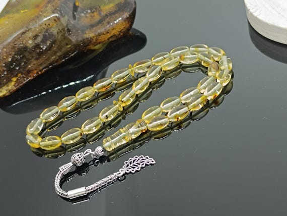 Genuine Baltic Amber Rosary with Plant Fossils, 925 Silver Tassel