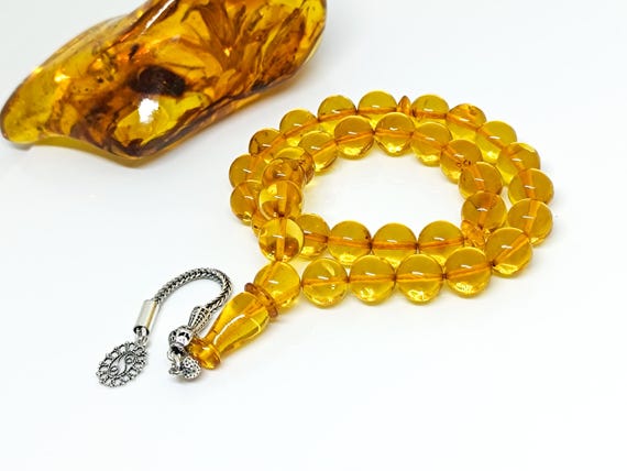 10mm Real Authentic Amber Rosary with 925 Silver Tassel, 33 Beads Natural Baltic Amber Prayer Beads, Kahraman, Kehribar,Amber Muslim Misbah