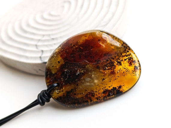 Large Genuine Baltic Amber Pendant with Adjustable Leather Cord, Gemstone Healing with Real Amber, Unisex Pendant, Amber for Collectors