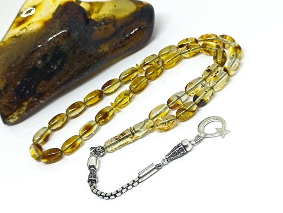 Baltic Amber Rosary with 925 Sterling Silver Tassel,Natural Amber Islamic Rosary, Amber Rosary with Plant Fossil, Kahraman, Kehribar Tesbih