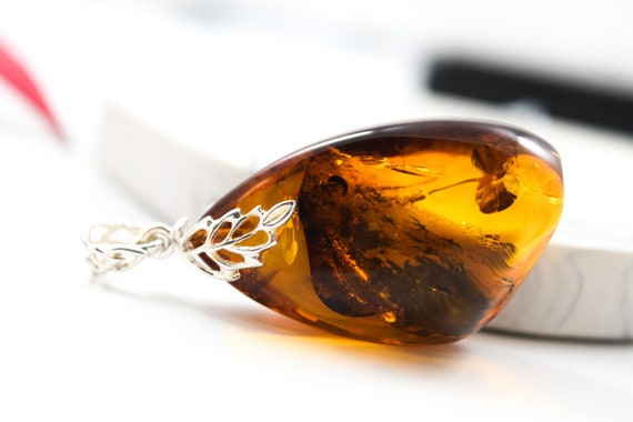 Large Baltic Amber Pendant, Amber with 925 Silver Bail, Amber Jewelry with Plant Fossils, Cognac Color Amber, Natural Baltic Amber Pendant