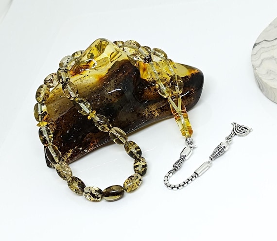 33 Beads Baltic Amber Rosary with 925 Sterling Silver Tassel,Natural Amber Islamic  Rosary,Amber Rosary with Plant FossilsKahraman, Kehribar