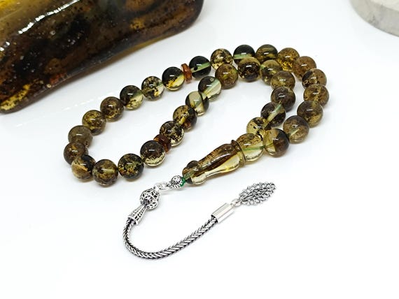 Baltic Amber Rosary Beads, 925 Sterling Silver Tassel, Natural Amber Fossils