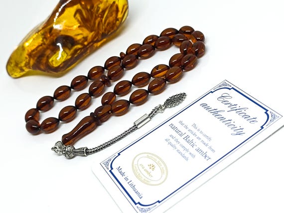 Natural Baltic Amber Rosary with 33 Beads & 925 Sterling Silver Tassel, Prayer Beads,Islamic Amber Tesbih, Kahraman, Kehribar, Muslim Misbah