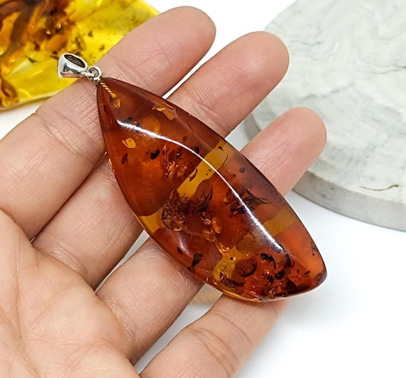 Large Amber Silver Pendant,Genuine Cognac Amber Pendant,Handmade 925 Silver Pendant,Birthstone Pendant,Baltic Amber,12g