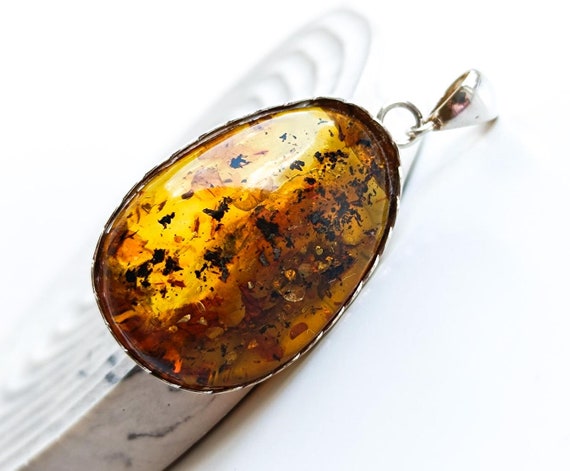 Amber Silver Pendant with Plant Fossils, Genuine Cognac Color Amber Pendant 925 Silver, Handmade 925 Silver Pendant, Birthstone Pendant,8g