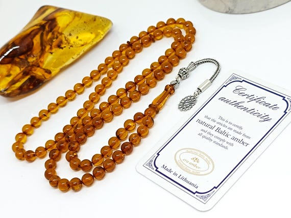 Natural Baltic Amber Islamic Prayer Beads, 99 Beads with Silver Tassel