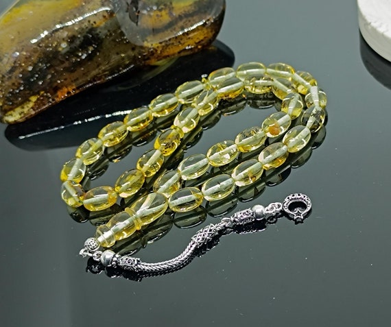 Natural Baltic Amber Rosary with Plant Fossils & 925 Silver Tassel,  Real Amber Praying Beads, Genuine  Amber Islamic Rosary,Amber Tesbih