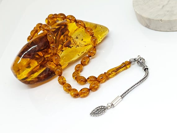 Natural Real Cognac Color Amber Rosary with 925 Sterling Silver Tassel,Baltic Amber, Tesbih, Kahraman, Kehribar, Genuine Amber Muslim Misbah