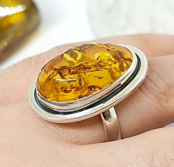 Handmade Adjustable Genuine Amber Ring,Cognac Amber Ring,Natural  Baltic Amber Silver Ring,925 Sterling Silver Ring,gift for her