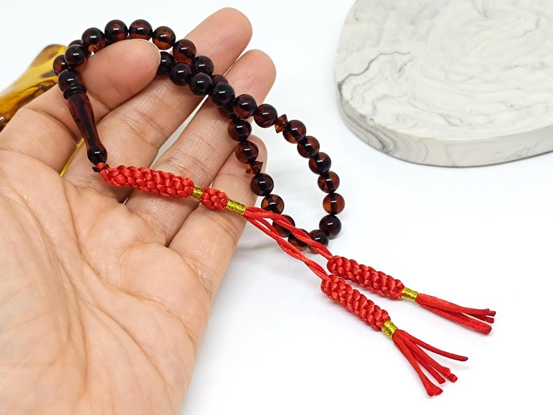 33 Beads Real Authentic Amber Rosary, Natural Baltic Amber Prayer Beads, Kahraman, Kehribar, Genuine Amber Muslim Misbah,7mm image 5