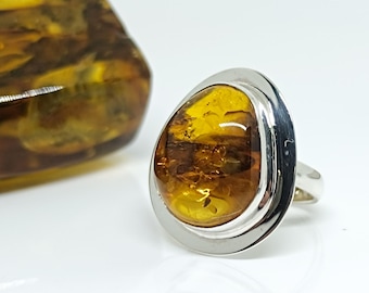 Natural Amber Ring,Adjustable Amber Ring,925 Sterling Silver Baltic Amber Ring,Handmade Genuine Amber Ring, Gemstone Healing Ring