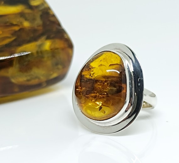 Natural Amber Ring,Adjustable Amber Ring,925 Sterling Silver Baltic Amber Ring,Handmade Genuine Amber Ring, Gemstone Healing Ring